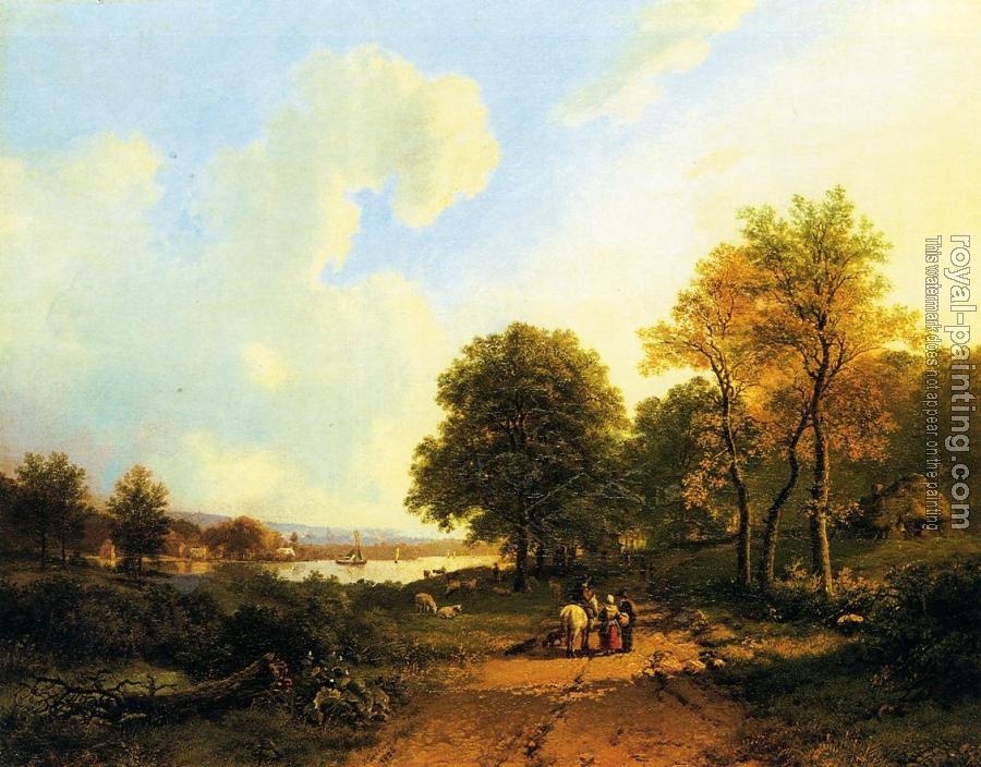 Barend Cornelis Koekkoek : Peasants on a Path by a River